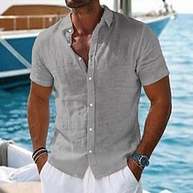 Per uomo Camicia Camicia di lino Camicia Estiva Camicia da Spiaggia Camicia hawaiana estiva Tinta unica Casuale Quotidiano Nero Bianco Verde chiaro Rosa Manica thumbnail 2
