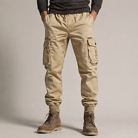 Men's Cargo Pants Cargo Trousers – Elastic Cuff, Drawstring Elastic Waist, Multi-Pocket, Comfortable, Casual  Outdoor Pants, Fashionable, Black/Khaki, Micro-el