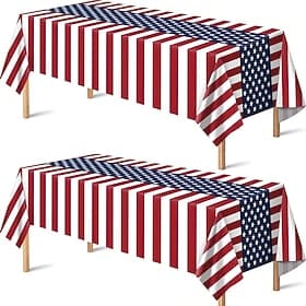 2PCS American Flag Tablecloth, Patriotic Waterproof, Oil-Resistant, Stain-Resistant Disposable Rectangular Plastic Tablecloth, for Independence Day, Memorial D