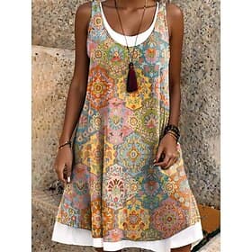 Femmes Robe Longueur Genou Robe d'Été Robe T-Shirt Robe trapèze Vacances Occasionnel Boho Coupe Ample Graphique Géométrique Sans manches Col en U Jaune Vin Vio