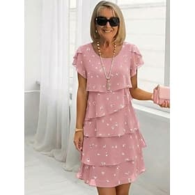 Women's Knee Length Dress Chiffon Dress Floral Dress Elegant Fashion Modern Vacation Party Weekend Regular Fit Floral Short Sleeve Crew Neck Blue Pink Summer S