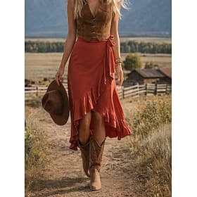 Women's Vacation Skirt Elegant Fashion Casual Midi Mid Rise Skirts Plain Ruched Irregular Hem Inelastic Daily Street Black Pink Army Green Red Summer