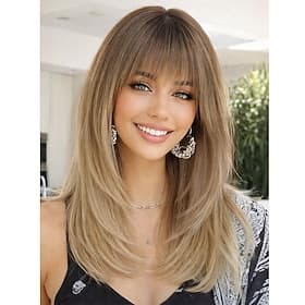 Ombre Blonde Wig with Bangs for Women, Middle Length Natural Layered Straight Wig for Daily Party