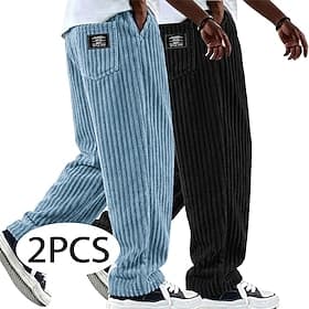 2 pantalones de hombre de pana, pantalones de invierno, pantalones casuales, pantalones holgados, pantalones rectos con cordón, color liso, cómodos, largos, ca