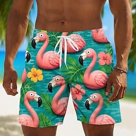 Herren Flamingo Kokospalme Badehosen Badeanzüge Badeshorts Boardshorts Mittlere Taille Hawaiianisch Täglich Strandurlaub Seitentaschen Netzfutter Elastischer K thumbnail 3