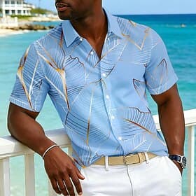 Men's Geometric Abstract Art Shirt Button Up Shirt Short Sleeve Fashion Casual Daily Beach Vacation Wear Summer Spring Turndown 3D Print Linen Like Shirt Blue thumbnail 2