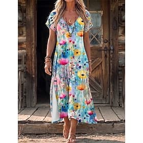Women's Midi Dress Shift Dress Casual Regular Fit Floral Geometric Short Sleeve V Neck Blue Orange Summer Spring