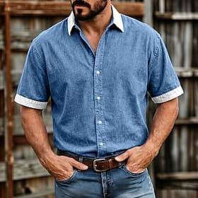 Men Shirt Casual Shirt Button Up Shirt 100% Cotton Acid Wash Shirt Acid Wash Shirt Pink Purple khaki Gray Light Blue Short Sleeve Plain Shirt Collar Casual Dai