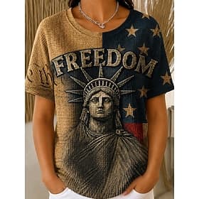 American Independence Day Women's Waffle T-shirt Textured Knit Tops Floral Graphic Letter Stylish Classic Short Sleeve Crew Neck Regular Tops Casual Daily Khak