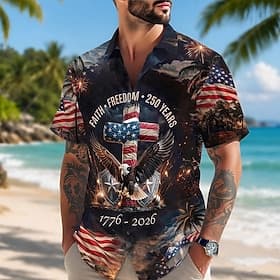 4 de julio de 2026, 250 aniversario Hombre Águila Bandera estadounidense Camisa Camisa de verano Abotonar la camisa Manga Corta Patriótico Exterior Festival Ve thumbnail 4