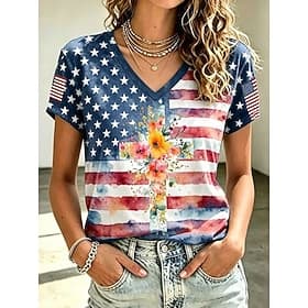 American Independence Day Women's T Shirt Print Graphic Flag Letter Vintage Stylish Classic Short Sleeve V Neck Long Tops Casual Daily Blue White Light Blue Su
