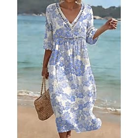 Women's Midi Dress Shift Dress Vacation Casual Beach Regular Fit Floral Graphic 3/4 Length Sleeve V Neck Blue White Pink Summer Spring