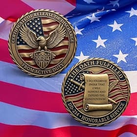 DD-214 Military Honor Challenge Coin – Patriotic Veteran Keepsake, Certificate of Release or Discharge, Eagle  American Flag Design, Perfect Gift for Veterans