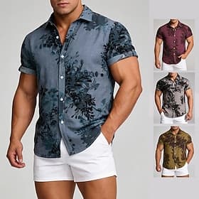 Men's Shirt Casual Shirt Button Up Shirt Jacquard Shirt Yellow Burgundy khaki Gray Short Sleeve Floral Shirt Collar Casual Daily Buttons Clothing Apparel Elega