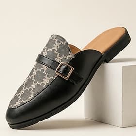 Men's Black and Gray Pattern Mule Loafers Double Monk Strap Slip-On Dress Shoes Fashion Statement Footwear for Stylish Men, Banquets, Parties, Prom and Night O
