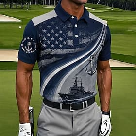 4th of July 2026 250th Men's Ship American US Flag Sports Polo Shirts Short Sleeve Polo Shirts Collared Shirts Casual Athleisure Festival Outfit 3D Print Butto