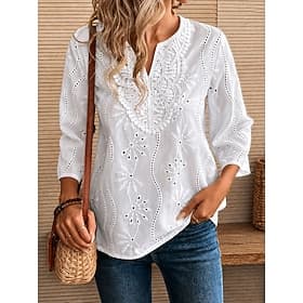 Women's Blouse Embroidered Solid Color Vintage Stylish Basic 3/4 Length Sleeve V Neck Regular Tops Casual Daily White Summer Spring