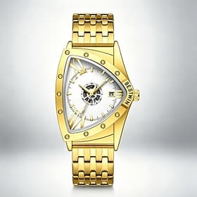 Men's Triangle Watch Luxury Gold Stainless Steel Wristwatch Unique Shield Shape Creative Skeleton Design with Date Display Fashion Punk Business Watch Gift for