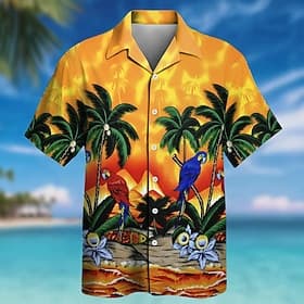 Voor heren Papegaai Kokospalm Tropische planten Hawaiiaans overhemd Tropische shirts Aloha-shirt Korte mouw Hawaii Dagelijks Strandvakantie Zomer Lente Strijki thumbnail 2