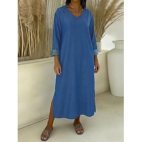 Women's Maxi Dress Vintage Dress Casual Dress Faux Denim Dress Fashion Basic Daily Outdoor Vacation Loose Fit Plain Long Sleeve V Neck Black Dark Blue Summer S