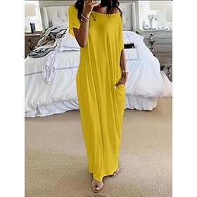 Women's Maxi Dress Casual Dress Elegant Fashion Beach Vacation Sun protection Loose Fit Plain Short Sleeve Boat Neck Yellow Purple Light Grey Summer