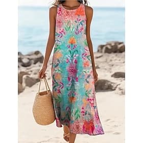 Dames Halflange jurk Hemdjurk Zonnejurk A lijn jurk Vakantie Casual Boho Strand Feest Uitgaan Normale pasvorm Bloemig Grafisch Mouwloos Strakke ronde hals Zwar