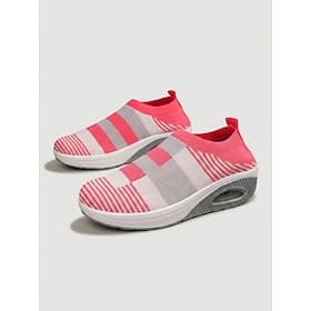 Women's Rose Red Plaid Knit Air Cushion Slip-On Sneakers - Breathable Wedge Platform Shoes for Walking, Travel  All-Day Comfort