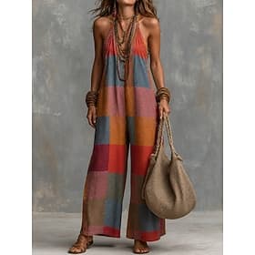 Women's Boho Colorful Plaid Print Jumpsuits Sleeveless Wide Leg Halter Neck Patchwork Daily Loose Fit Red Summer