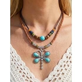 Women's Bohemian Dragonfly Pendant Layered Necklace, Alloy Leather Turquoise Beaded Double Layer Choker for Beach Vacation, Summer Travel, Daily Casual Wear
