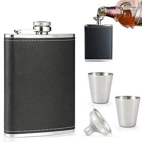 Hip Flask for Liquor Black Leather Flask 8 Oz Food Grade Stainless Steel Soft Touch Leather Wrap Flask Gift Set with 2 Cups  Funnel 100% Leak Proof Whiskey  Ru