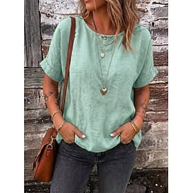 Women's Cotton Linen T Shirt Tee Top Solid Color Vintage Stylish Casual Short Sleeve Boat Neck Regular Tops Daily Going out Vacation Wear Khaki Navy Blue Olive