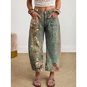Women's Wide Leg Slacks Cropped Pants Vacation Vintage Casual Ankle-Length High Waist Floral Graphic Print Comfy Comfort Breathability Inelastic Daily Outdoor