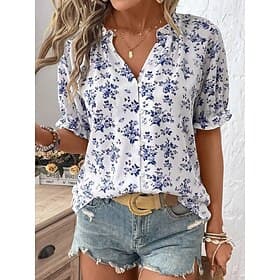 Women's Blouse Buttons Print Floral Stylish Casual Short Sleeve V Neck Regular Tops Casual Daily White Summer Spring