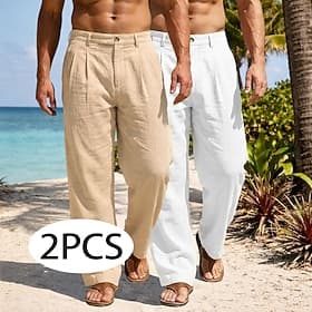 Hombre Pantalones de lino Pantalones pantalones de traje Pantalones de verano Pantalones anchos Bolsillo Pierna recta Plano Comodidad Transpirable Longitud tot thumbnail 2