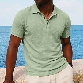 Men's Linen Shirt Polo Shirts Casual Vacation Classic Short Sleeve Vacation Fashion Plain Textured Buttons Summer Spring Regular Fit Lake blue Black Pink Green