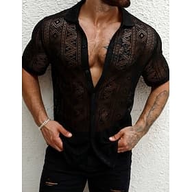 Hombre Camisa Camisa casual Abotonar la camisa Camisa Jacquard Negro Manga Corta Plano Cuello Camisero Casual Diario Encaje Ropa Elegante Moda Casual