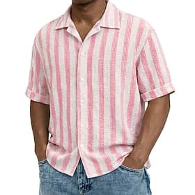 Men's Shirt Casual Shirt Seersucker Shirt Button Up Shirt Light Pink Yellow Light Green Red Light Blue Short Sleeve Striped Cuban Collar Casual Daily Front Poc