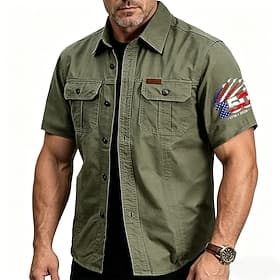 Men's 4th of July U.S. 250th Anniversary American Flag Cotton Work Shirts Western Shirt Cargo Shirt Short Sleeve Army Militray Patriotic Casual WorkWear Turndo