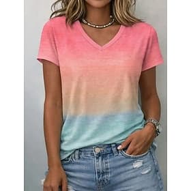 Women's T Shirt Print Ombre Geometric Gradient Stylish Classic Casual Short Sleeve V Neck Regular Tops Casual Daily Blue Pink Orange Rose Pink Summer Spring