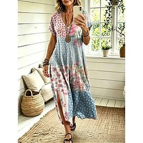 Women's Midi Dress A Line Dress Casual Loose Fit Floral Abstract Short Sleeve V Neck Blue Red Sky Blue Green Summer Spring
