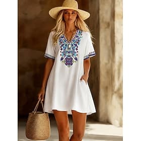 Women's Knee Length Dress Boho Dress Cotton Dress Elegant Vintage Cap Sleeve Beach Weekend Summer Dress Loose Fit Embroidery Short Sleeve V Neck White Summer