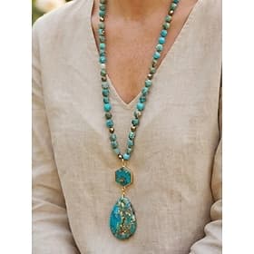 Women's Natural Multi-Color Stone Necklace with Teardrop Pendant – Handmade Bohemian Jewelry for Women, Casual, Garden Party and Vacation Style