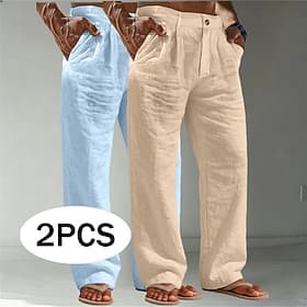 Homme Pantalons en Lin Pantalons Pantalon d'été Pantalons Amples Pantalons de Plage Avec Poches Uni Confort Respirant Longueur complète Occasionnel Quotidien E thumbnail 2