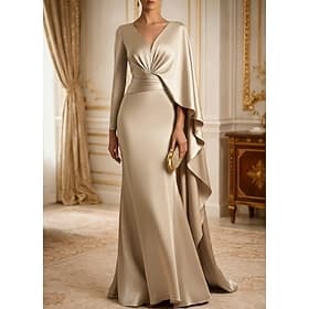 Sheath Column Sweep Brush Train Evening Gown Formal Dress Elegant Celebrity Style Silky Sleeveless V Neck Wedding Formal Capes Satin with Pleats Ruched Ruffles