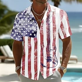 4 juli 2026 250e Voor heren Gitaar Amerikaanse vlag Overhemd Zomer overhemd Overhemd met knopen Korte mouw Vaderlandslievend Buiten Festival Zomer Lente Strijk thumbnail 3