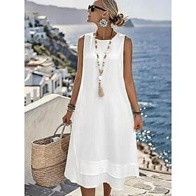 Mulheres Vestido midi Vestido de verão Elegante Praia Férias Ajuste Largo Tecido Sem Manga Gola Redonda Branco Azul Marinha Verão