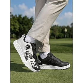 Men's Black Knit Golf Sneakers, Breathable Lace-Up Sport Shoes, Lightweight Non-Slip Shoes for Golf, Outdoor, Daily Wear