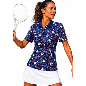Amerika's 250e verjaardag Dames Amerikaans / VS. Nationale vlag Tops Sportshirt Wandelen poloshirt Tennisshirt Korte mouw Bloemig Knop UPF50 UV-bestendig Hoge