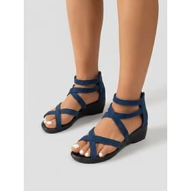 Women's Blue Faux Suede Wedge Sandals - Casual Shoes with Multi-Strap Design and Back Zipper Closure, Lightweight Open-Toe Wedge Shoes for Summer Travel and Ev