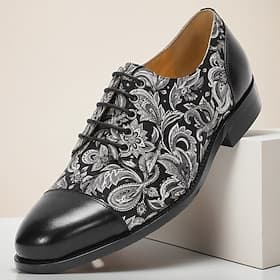 Men's Black Paisley Print Oxford Shoes Lace-Up Statement Dress Shoes Glossy Cap Toe Gentleman Footwear for Weddings, Banquets, Parties and Evening Occasion Wea